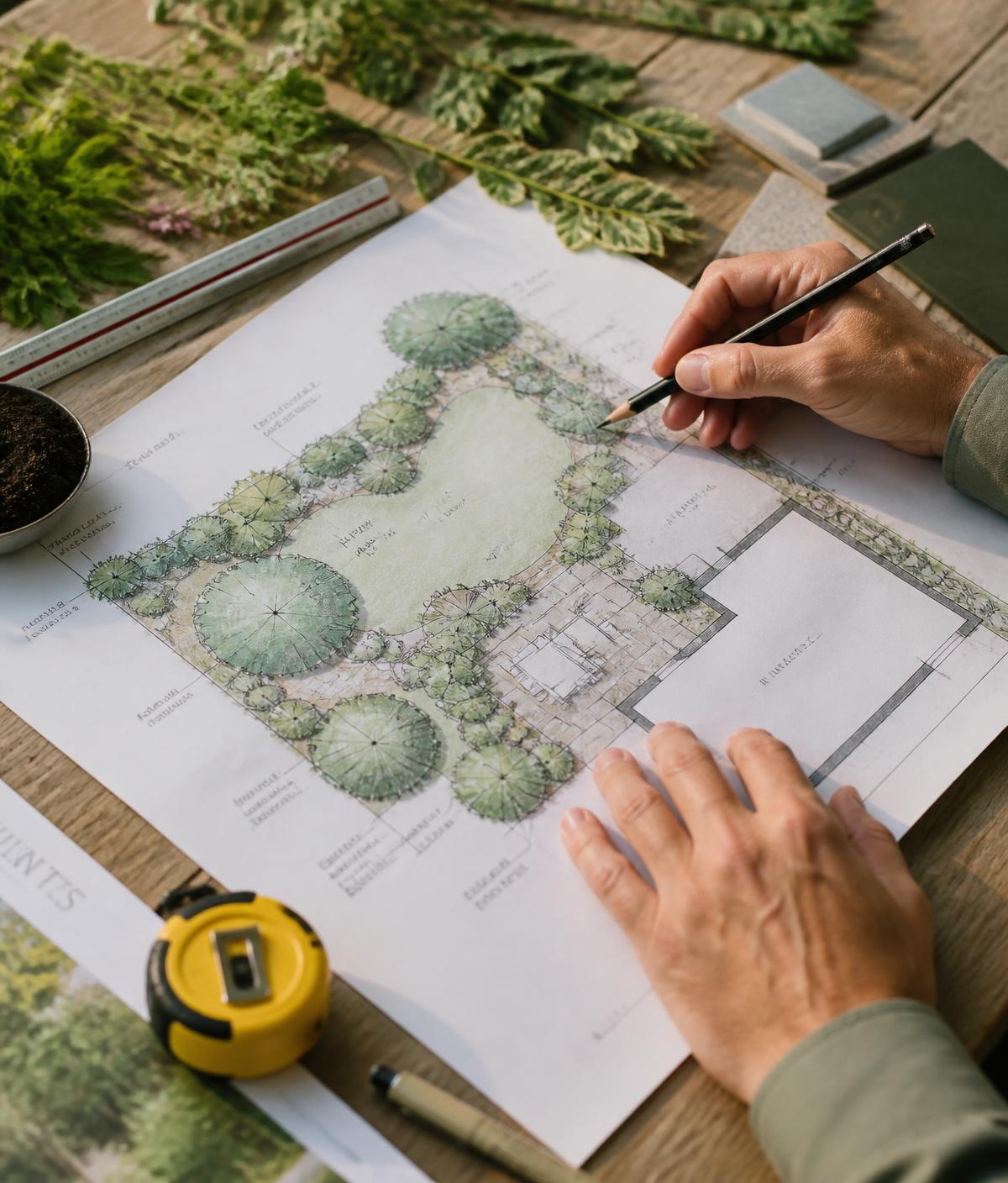 Projeto paisagístico desenhado à mão sobre a mesa da equipe, com amostras de plantas e solo